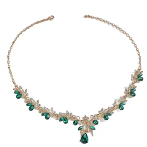 Goudkleurige groene kristal druppel bladeren ketting strass bruids sieraden set dame nieuw.