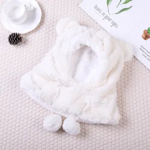 Kids winter warm plush hat and scarf set with cute bear ears and fluffy pom poms.