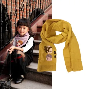 Children soft cotton linen scarf with cute cartoon patch stylish autumn winter kids neck warmer