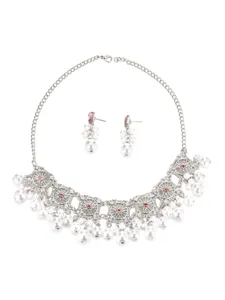 Vintage silver-tone alloy necklace and earrings set featuring white pearls and rhinestones.