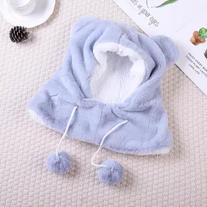 Winter cute children plush bear ear hat scarf integrated warm thick baby pullover hat
