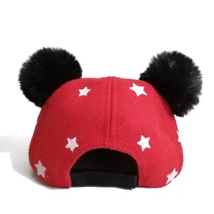 Kids red star baseball cap with black plush pom pom ears winter warm cute mouse hat