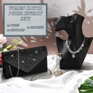 Women rhinestone evening clutch purse with sparkling necklace and earrings jewelry set detail.