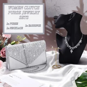 Silver rhinestone evening clutch purse and jewelry set with necklace and earrings for women.
