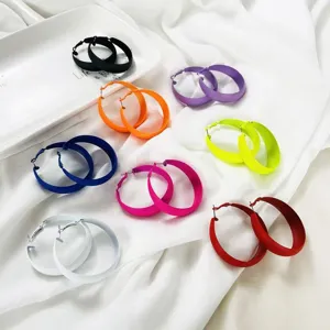 Colorful painted geometric large hoop earrings for women, stylish minimalist metal ear rings.