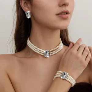 French Retro Elegant Pearl Necklace Multi-Layer Choker Bracelet Earrings Set Alloy Artificial Pearl Rhinestone Jewelry
