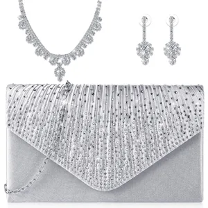 Elegant rhinestone evening bag with matching necklace and earrings set for women banquet party.