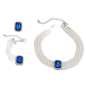 Elegant multi-strand faux pearl necklace bracelet and rhinestone earrings set new