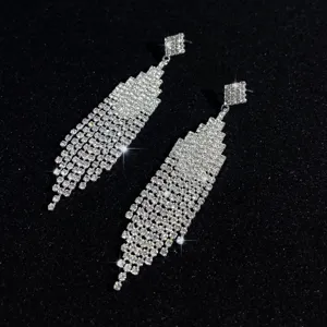 Detailansicht der glitzernden Strass-Quasten-Ohrringe mit geometrischen Ohrsteckern.