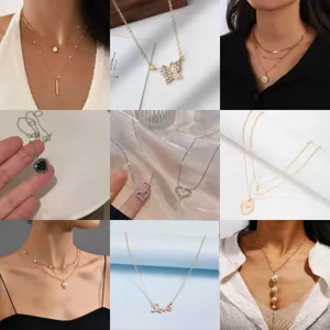 Minimalista Aleación Strass Perla Artificial Collar Conjunto Dorado Plateado Multicapa Gargantilla Moda Joyería Regalo Para Mujeres