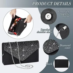 Black rhinestone evening bag for women, elegant clutch purse with detachable chain strap.
