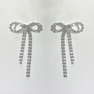 Silber Strass Schleife Quaste Ohrringe elegante funkelnde Kristall Tropfen Schmuck fur Damen