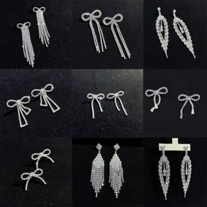 Elegante Schleife Quaste Strass Lange Hängeohrringe Luxus Legierung Glänzender Kristall Statement Ohrschmuck Für Damen