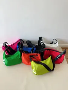 Colorful canvas crossbody bags detail view, casual multi-color crescent shoulder bag group display