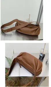 Brown PU leather pleated crossbody bag with wide strap, casual chic daily shoulder handbag.