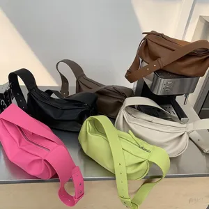 Women's Casual Soft PU Leather Pleated Crossbody Bag Solid Color Wide Strap Fashion Shoulder Bag Daily Purse