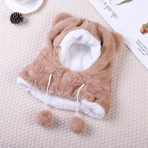 Kids winter plush warm bear ear hooded scarf detail, thick fleece baby one-piece hat.