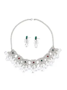 Vintage silver pearl choker necklace and earrings set with red and green gemstone details.