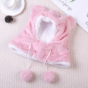 Cute pink plush children hat scarf all-in-one with bear ears, thick warm winter baby pullover beanie.