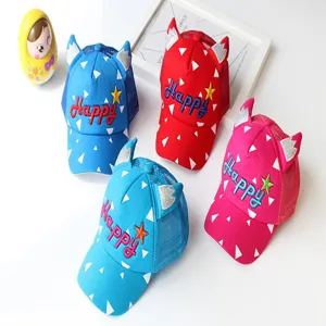Children summer baseball cap with cute horns, mesh back, triangle pattern and Happy embroidery.