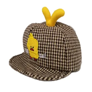 Cute toddler houndstooth baseball cap with funny yellow plush ears and duck embroidery.