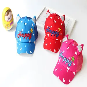 Children mesh baseball cap summer cute horn sun hat casual breathable baby hat pink blue red
