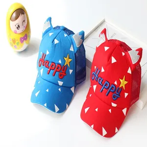 Children summer mesh baseball cap with cute horns and cute triangle pattern for kids daily wear.