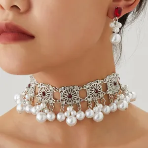 European American Vintage Alloy Bell Earrings Bohemian Ethnic Style Choker Artificial Pearl Necklace Jewelry Set
