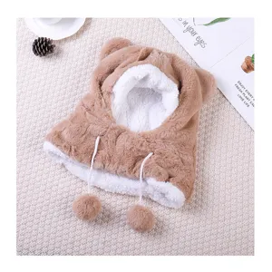 Winter cute baby thick plush bear ear hat and scarf set warm children pullover cap