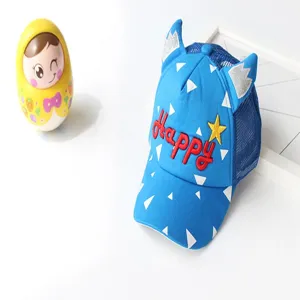 Kids blue mesh baseball cap with cute horns happy embroidery and sun protection visor