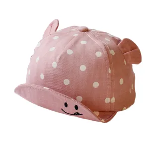 Kids pink polka dot baseball cap cute infant sun hat with small ears and embroidered smiley brim