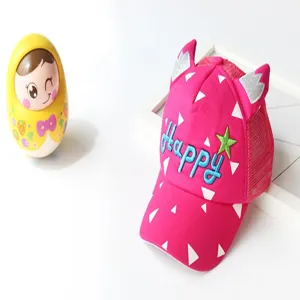 Kids pink baseball cap with devil horns mesh back cute embroidered happy letters sun hat child
