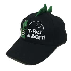 Kids cute dinosaur baseball cap black sun hat with green spikes detail and cartoon print.