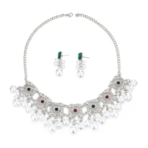 Retro bohemian alloy pearl necklace earrings set, European fashion vintage jewelry gift.