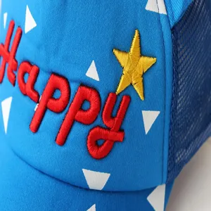 Kids blue mesh baseball cap detail view, featuring red happy embroidery and yellow star.