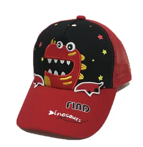 Detailed view of the kids baseball cap with cute dinosaur embroidery and breathable mesh design.