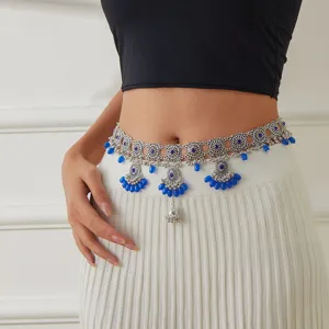 Böhmische vintage hohle silberne Taillenkette mit blauen Perlen und Anhänger für Damen