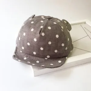 Grey polka dot baby baseball cap with cute little ears, foldable brim toddler sun hat.