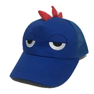 Cute cartoon kids baseball cap with sleepy eyes embroidery and red spikes on top blue mesh.