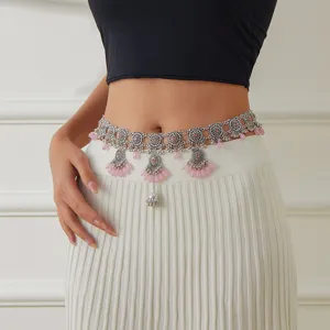 Boho Vintage Silber Metall Taillenkette mit rosa Perlen Quasten Anhänger Damen Schmuck