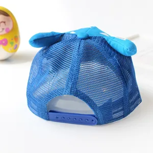 Children blue mesh baseball cap with cute horn design, breathable summer sun hat for kids.