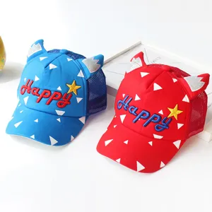 Kids summer mesh baseball cap with cute devil horns and happy embroidery for boys and girls.