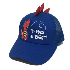 Childrens blue dinosaur baseball cap with cute cartoon T-Rex print and mesh sun hat for kids