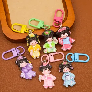 Cute resin cartoon ancient Chinese girl charms set with colorful lobster clasps for DIY crafts.