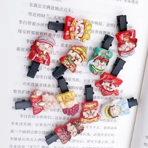 Pinces à cheveux de dessin animé de divinité chinoise festive, pinces rouges pour le Nouvel An.