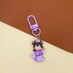Cute purple ancient style girl resin keychain accessory detail view, cartoon DIY charm pendant.
