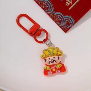 God of Wealth resin keychain for New Year, cute festive bag charm and DIY phone case accessory.