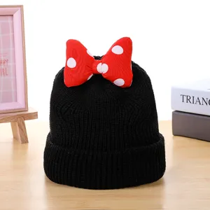 Children winter warm knitted beanie hat with cute red white polka dot bow baby cap