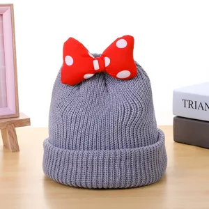 Kids winter warm knit beanie hat with cute red polka dot bow, soft infant woolen hat.