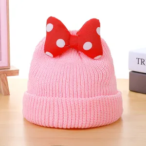 Kids winter pink knit beanie hat with adorable red polka dot bow warm toddler cute cap